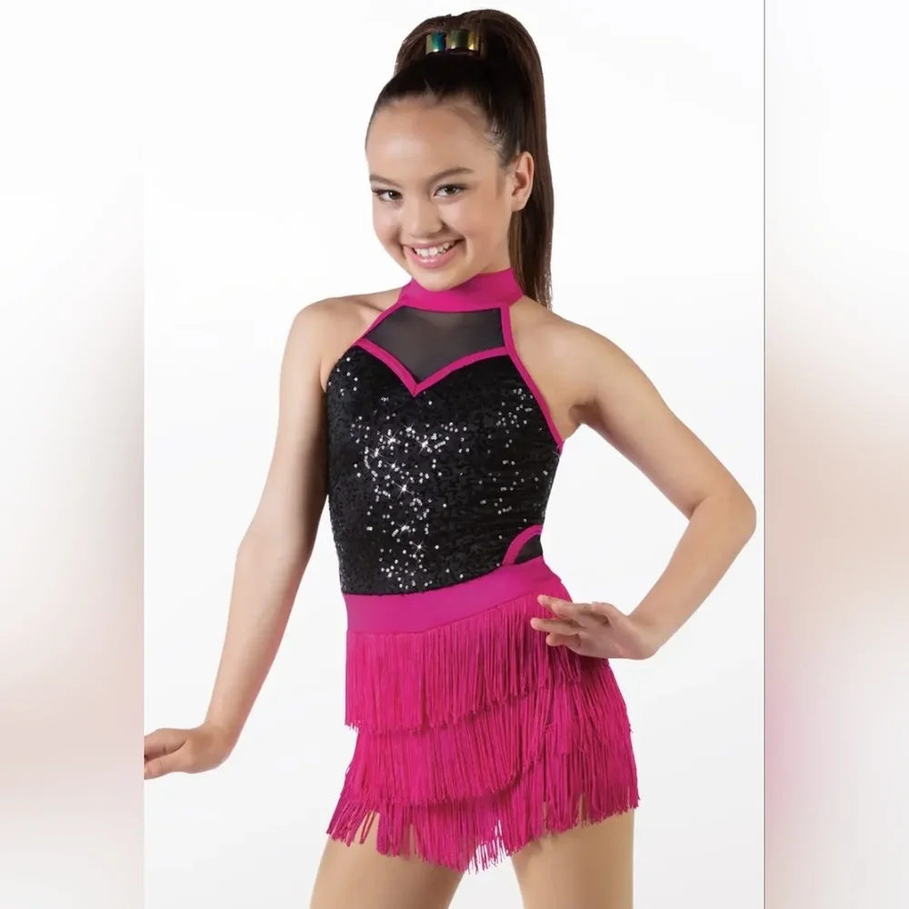 Weissman Showtime Forever Love Pink and Black Dance Costume with Fringe Size IC
